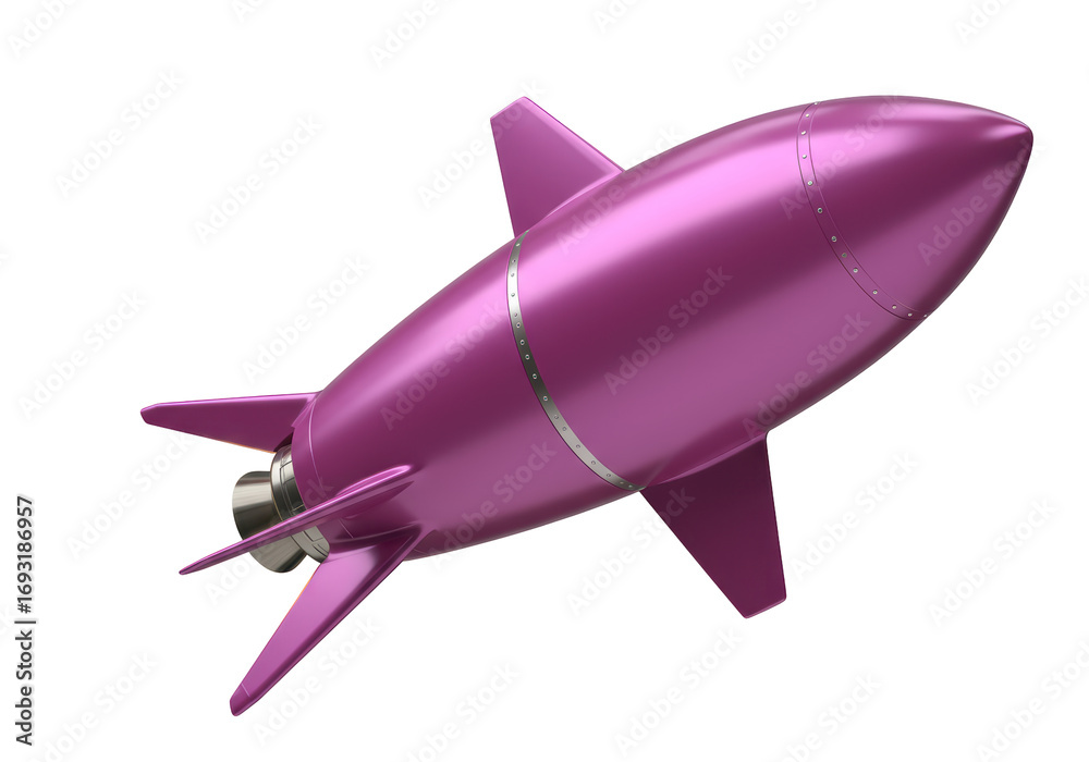 Obraz premium Isolated stylized vintage pink metal rocket taking off, 3D rendered, ready for space launch