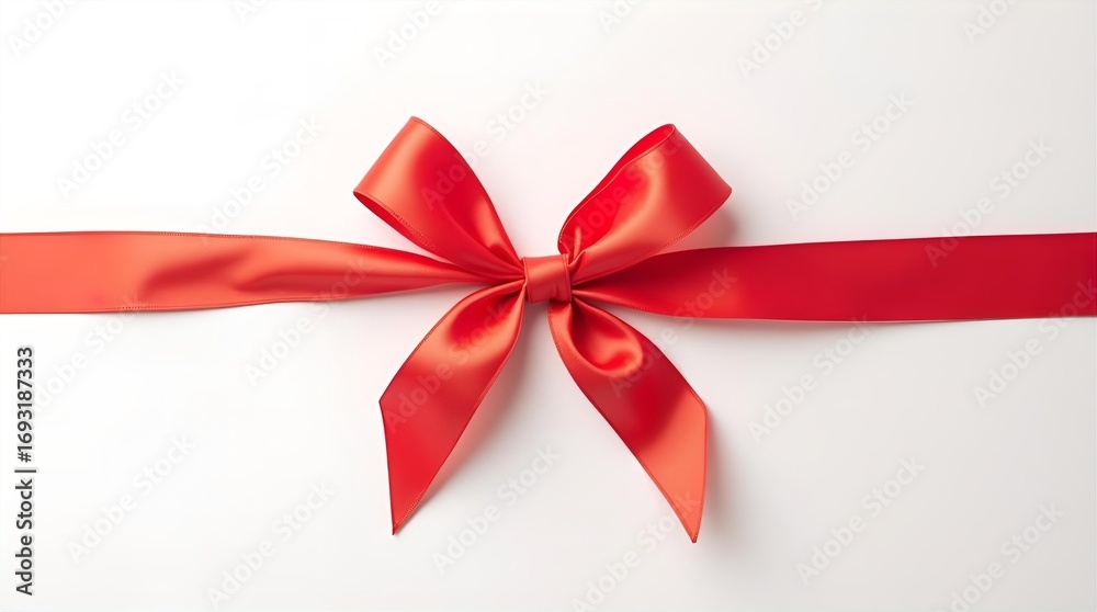 Fototapeta premium Luxurious Red Satin Ribbon Bow Tied Neatly and Horizontally on a Bright White Background, Perfect for Elegant Gift Wrapping, Holiday Presents, and Festive Celebrations