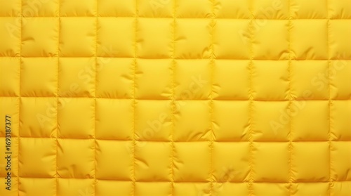 Detailed bright yellow quilted fabric texture background. Seamless padded square pattern textile material. Puffy, soft, and vibrant design element, ideal for fashion or decor.