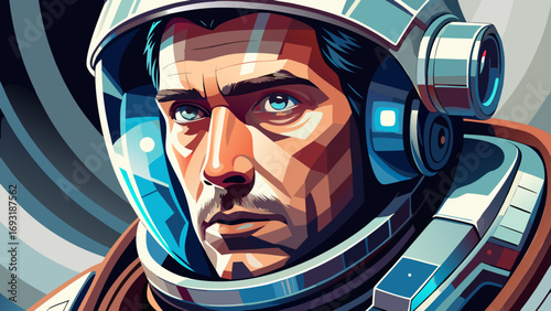  Close-up portrait of male astronaut in white spacesuit, helmet visor reflecting light. Isolated white background emphasizes exploration, bravery, and futuristic spirit of space travel.