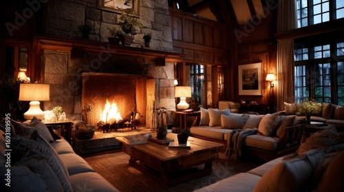 Cozy living room fireplace evening