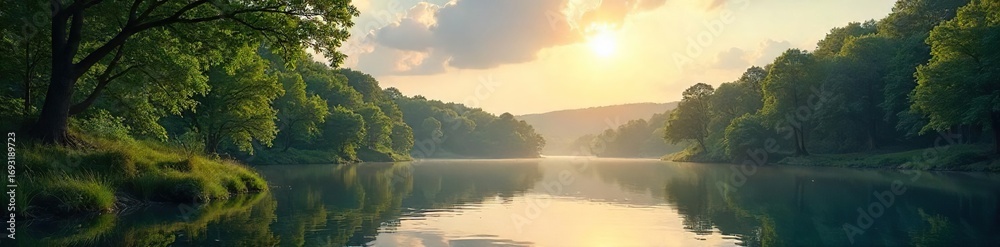 Fototapeta premium Serene landscape perfect for mindful meditation; sun-dappled forest, tranquil lake reflecting sky, peaceful scene Ideal for relaxation, wellness, and nature themes , natural, sun, earth