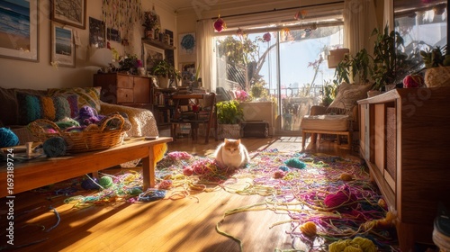 Cozy living room with cat and yarn