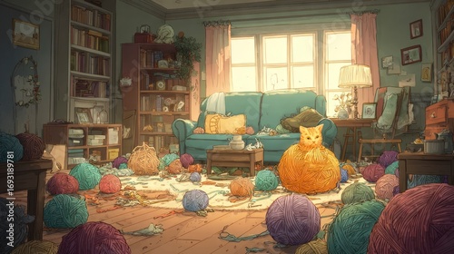 Cozy living room with cat and yarn