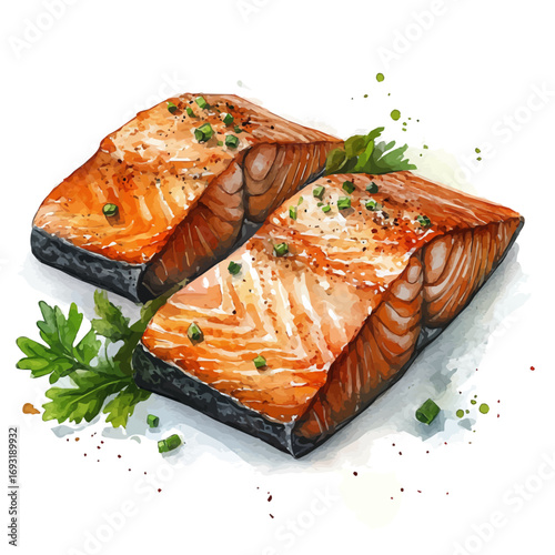 Grilled Salmon, watercolor drawing vector, isolated on a white background.