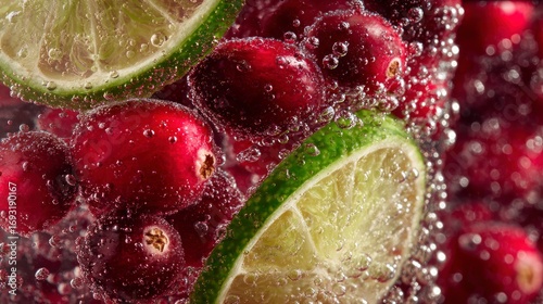 Cranberry lime sparkling drink closeup