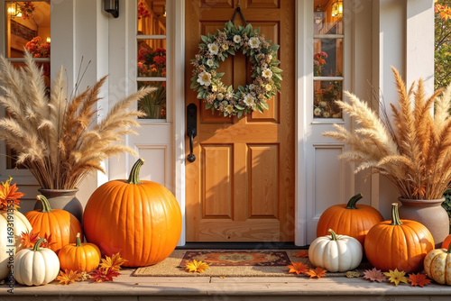A wooden front door adorned with a floral wreath, surrounded by pumpkins and pampas grass, creating a warm autumnal atmosphere on a cozy porch with a welcoming entrance and soft lighting.