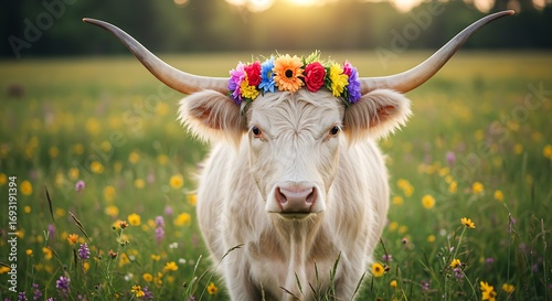 White Texas Longhorn Cow Adorned with Flower Crown.