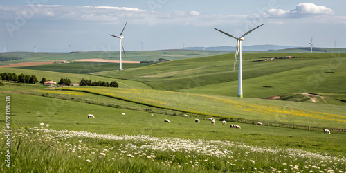 Wind Turbines on Rolling Green Fields