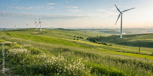 Wind Turbines on Rolling Green Fields