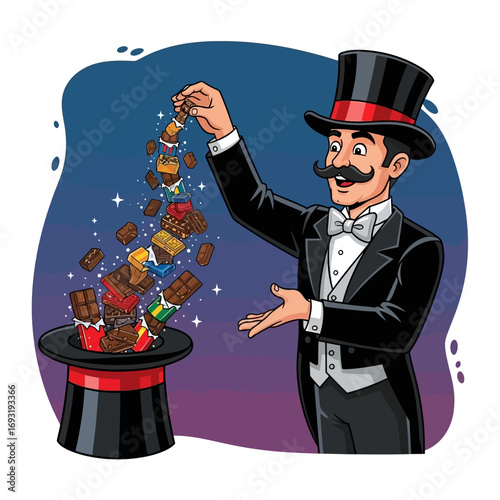 Magician pulling chocolates from a hat.