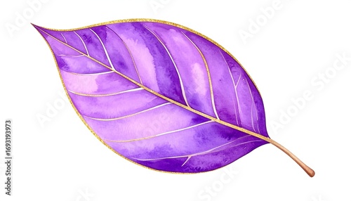 Watercolor illustration of a vibrant purple leaf with gold veins