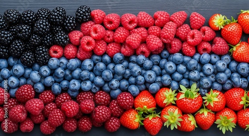 A vibrant collection of fresh blackberries, raspberries, blueberries, and strawberries arranged in neat rows on a dark surface.