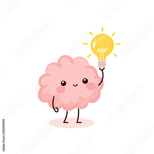 Cute cartoon brain holding a lightbulb