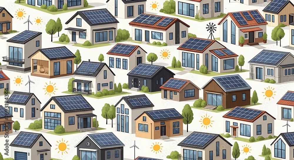Seamless Pattern of Eco Friendly Houses with Solar Panels.