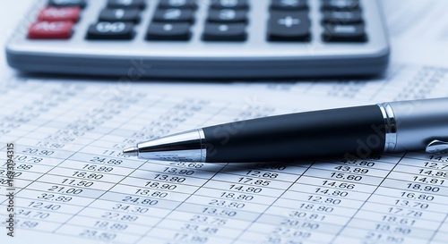 Close-up of a pen resting on detailed financial spreadsheet with a calculator in the background.