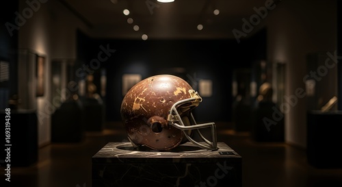 The storied past of a classic football helmet, showcased as historical memorabilia on a pedestal