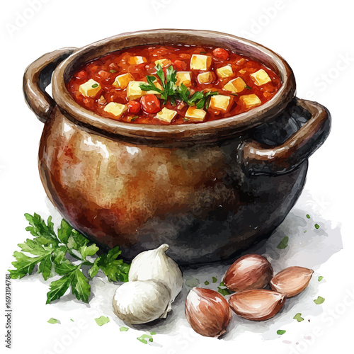 Goulash, watercolor illustration vector, isolated on a white background.