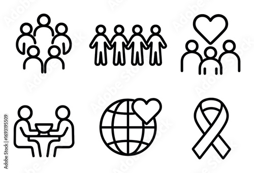 Charity and social care linear icon set. featuring community, teamwork, support, togetherness, and compassion symbols.
