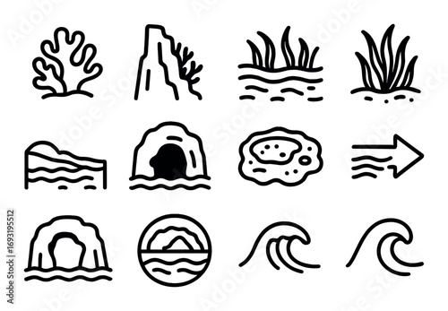 Nature and sea linear icons set. featuring coral, rock, waves, seaweed, cave, and arrow symbols.