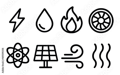 Energy source linear icon set. featuring electricity, water, fire, nuclear, solar, air, and heat symbols.