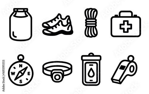 Camping equipment linear icon set. featuring lantern, shoes, rope, first aid, compass, headlamp, water bottle, whistle.