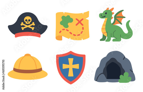 Adventure flat icon set. featuring pirate hat, treasure map, dragon, explorer hat, shield, cave.