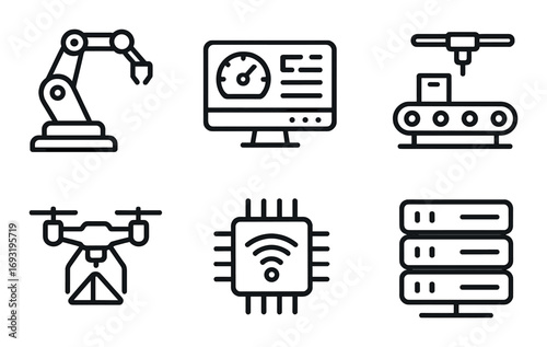 Industry linear icon set. featuring robot arm, monitor, conveyor, drone, chip, and server symbols.