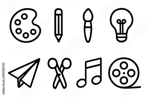 Art and craft linear icon set. featuring palette, pencil, brush, lightbulb, plane, scissors, music note, film reel.