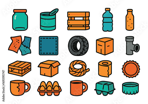 Recycling and waste flat icon set. featuring jar, can, crate, bottle, paper, box, pipe, tire, cup, and eggs.