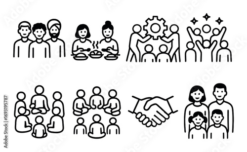 Community and unity linear icon set. featuring people, teamwork, celebration, handshake, and family symbols.
