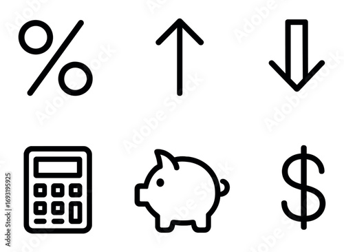 Finance silhouette icon set. featuring percentage, increase, decrease, calculator, piggy bank, and dollar symbols.