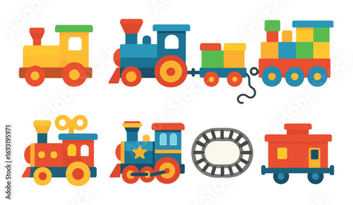 Toy train flat icon set. featuring locomotive, wagon, cargo, rail, vintage, passenger, and steam engine symbols.