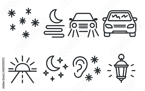 Nighttime linear icon set. featuring stars, moon, car headlights, sunset, ear, and lantern symbols.