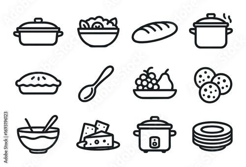 Food linear icon set. featuring casserole, salad, bread, pot, pie, spoon, fruit, cookies, dessert, cheese, cooker, plates.
