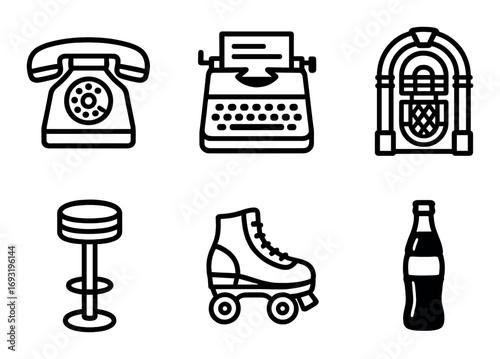 Retro nostalgia linear icon set. featuring typewriter, telephone, jukebox, stool, roller skate, and bottle.