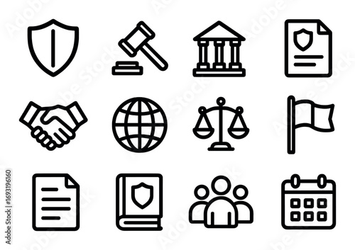 Legal services linear icons set. featuring shield, gavel, courthouse, document, handshake, globe, scales, flag, book, group, calendar symbols.