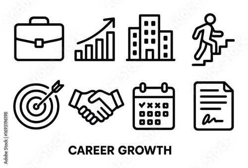 Career growth linear icon set. featuring briefcase, graph, building, stairs, target, handshake, calendar, contract.