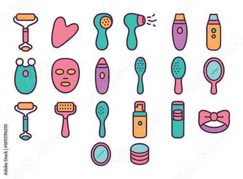 Beauty and skincare flat icon set. featuring razor, face roller, mirror, and mask symbols.