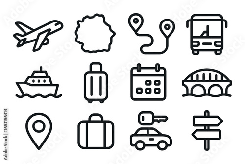 Travel and transportation linear icon set. featuring airplane, bus, ship, luggage, calendar, map, and car symbols.