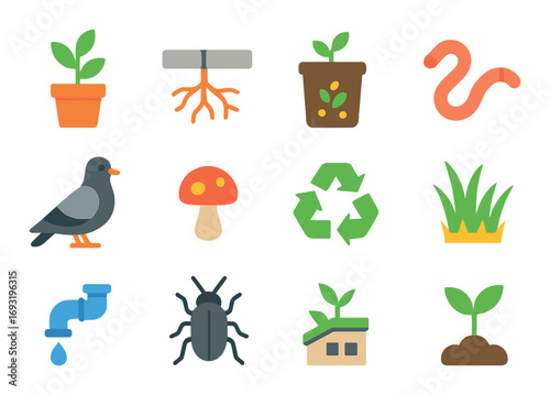 Gardening and nature silhouette icon set. featuring plant, roots, pot, worm, bird, mushroom, recycle, grass, water, insect, house.