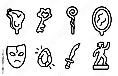 Fantasy objects silhouette icon set. featuring steak, key, staff, mirror, mask, gem, sword, statue.