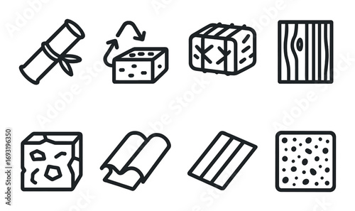 Building materials silhouette icons set. featuring brick, wood, tile, cement, plank, and insulation symbols.