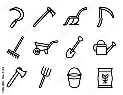 Gardening tools linear icon set. featuring rake, wheelbarrow, shovel, watering can, axe, and bucket.