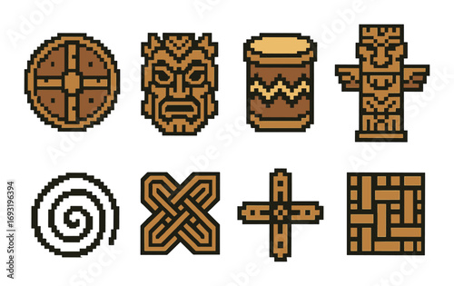 Tribal artwork pixel icon set. featuring shield, mask, drum, totem, spiral, knot, cross, and weave symbols.