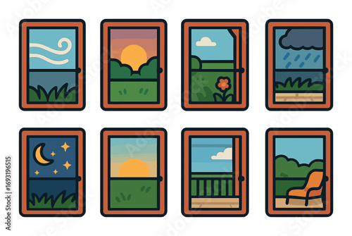 Window views flat icon set. featuring morning, afternoon, cloudy, rainy, night, sunset, balcony, garden.