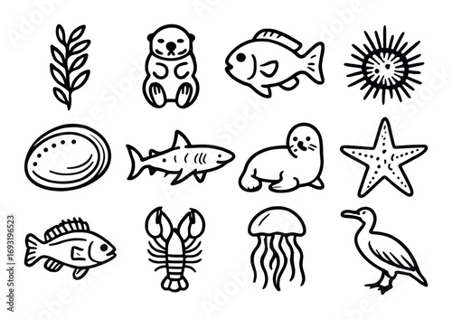 Aquatic animals linear icon set. featuring seaweed, otter, fish, starfish, seal, and jellyfish symbols.