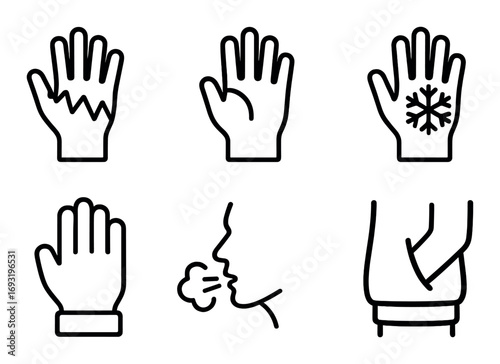 Winter safety linear icon set. featuring frostbite, cold, snow, protection, wind, warmth, and breath symbols.