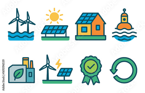 Renewable energy linear icon set. featuring wind turbine, solar panel, eco house, and factory symbols.