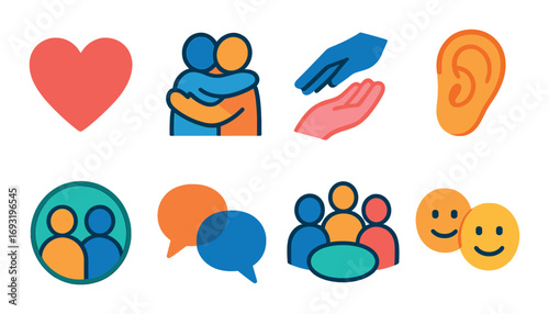 Communication flat icon set. featuring heart, hug, handshake, ear, conversation, discussion, speech, smile..